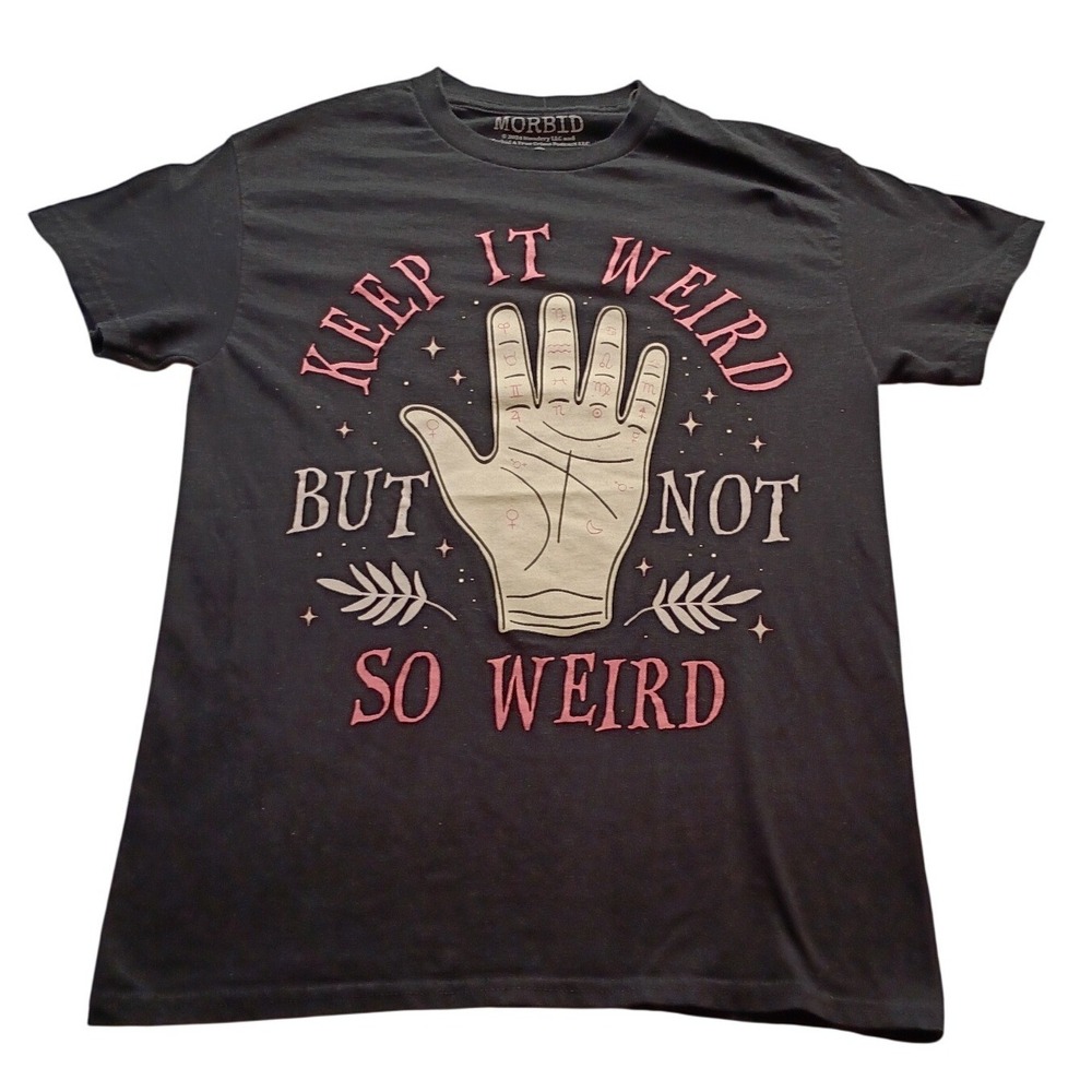 Morbid T-Shirt Women's Podcast Keep It Weird Palmistry Graphic Small Black Tee
